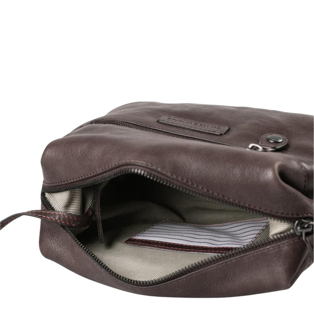 Lieblingstasche Mrs. Cannoli dark brown leather toiletry bag with open zippered main compartment and striped lining