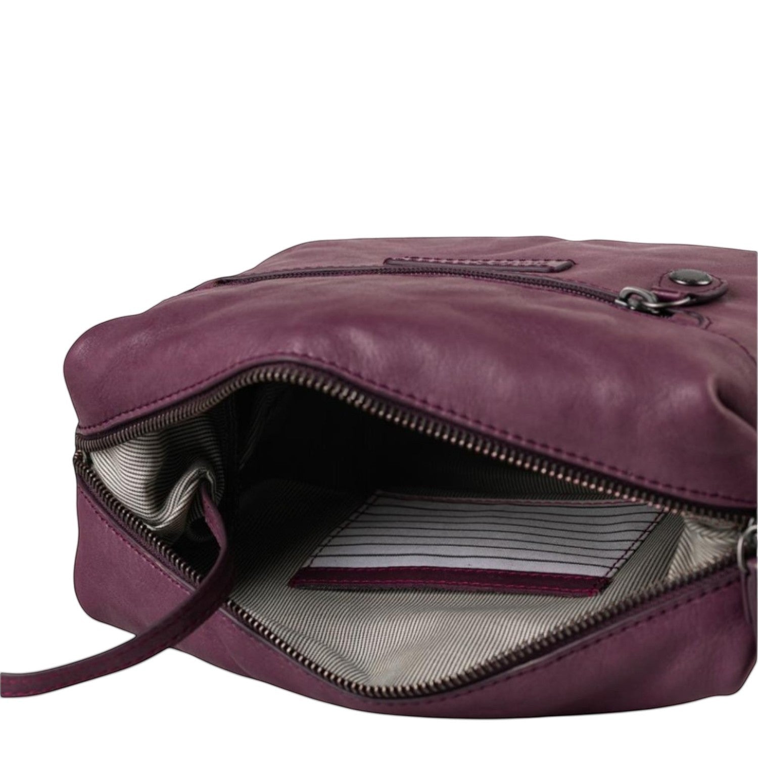 Lieblingstasche Mrs. Cannoli purple leather crossbody bag with open zippered main compartment and striped lining