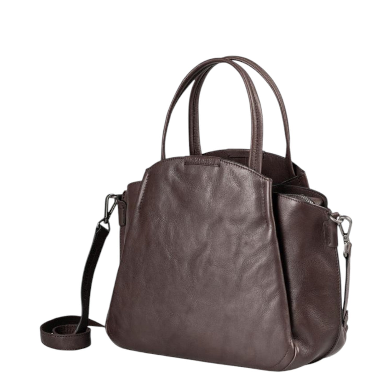 Lieblingstasche Mrs. Chiffon Pie dark brown leather handbag with dual top handles and a detachable shoulder strap.