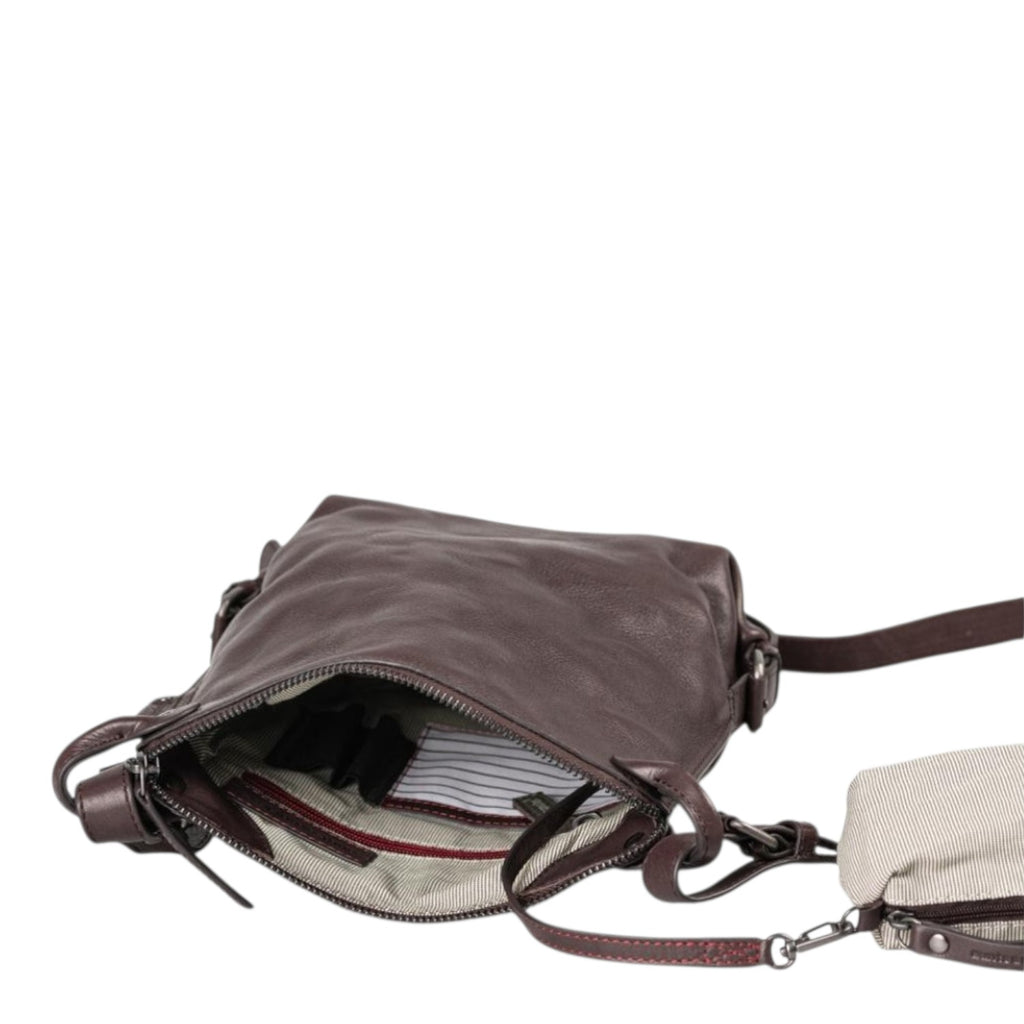 Lieblingstasche Mrs. Chocolate Cookie dark brown leather crossbody bag with open interior and striped lining