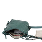 Lieblingstasche Mrs. Chocolate Cookie dark green leather crossbody bag with open zipper and striped interior lining