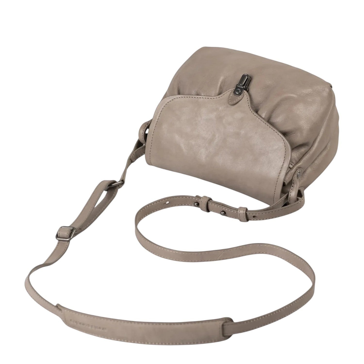 Lieblingstasche Mrs. Coconut Cake taupe leather crossbody bag with a flap closure and adjustable shoulder strap.