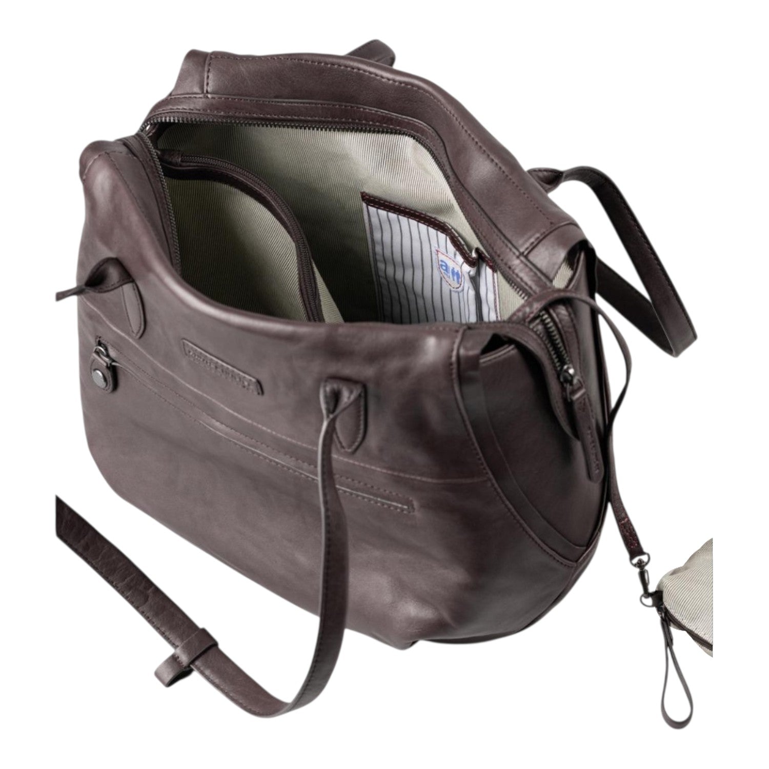 Lieblingstasche Mrs. Florentine dark brown leather handbag with open top, zipper closure, and striped interior lining