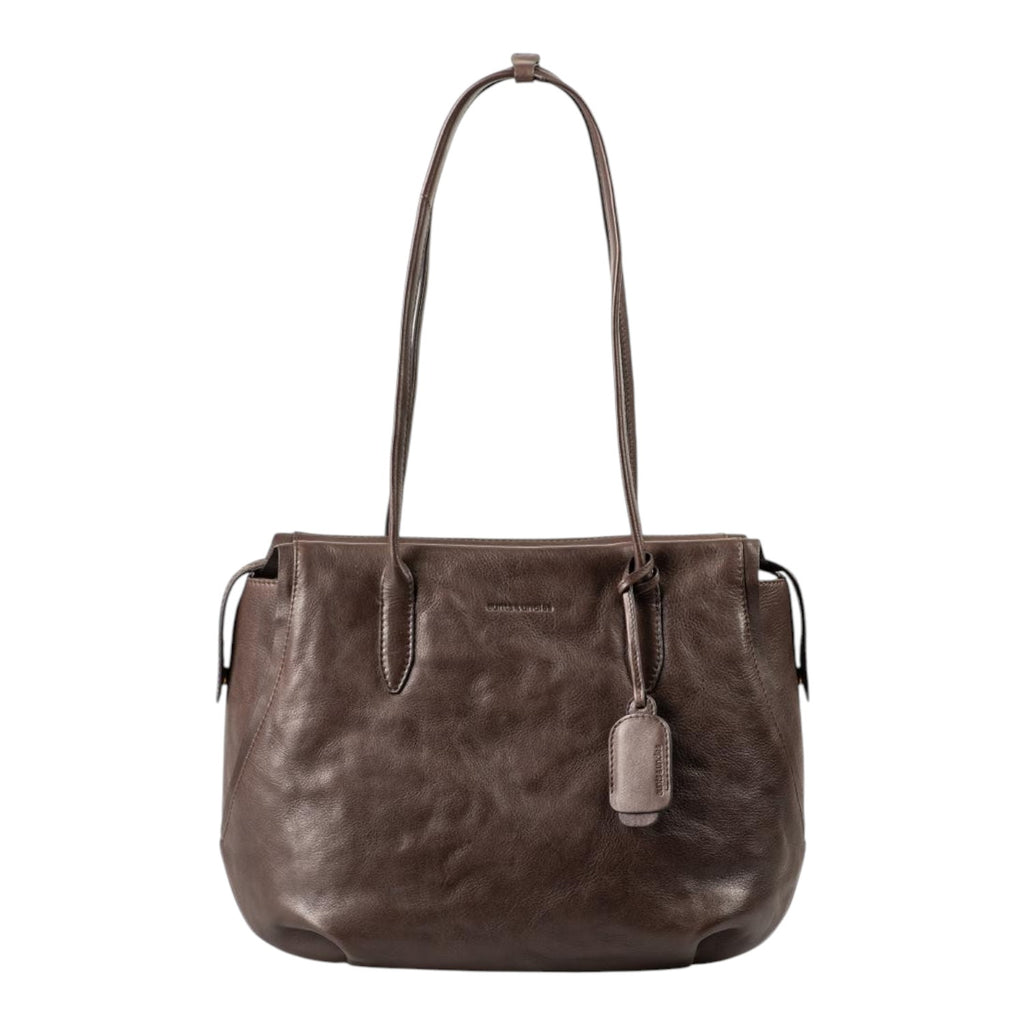 Lieblingstasche Mrs. Florentine dark brown leather shoulder bag with long straps and a decorative leather tag