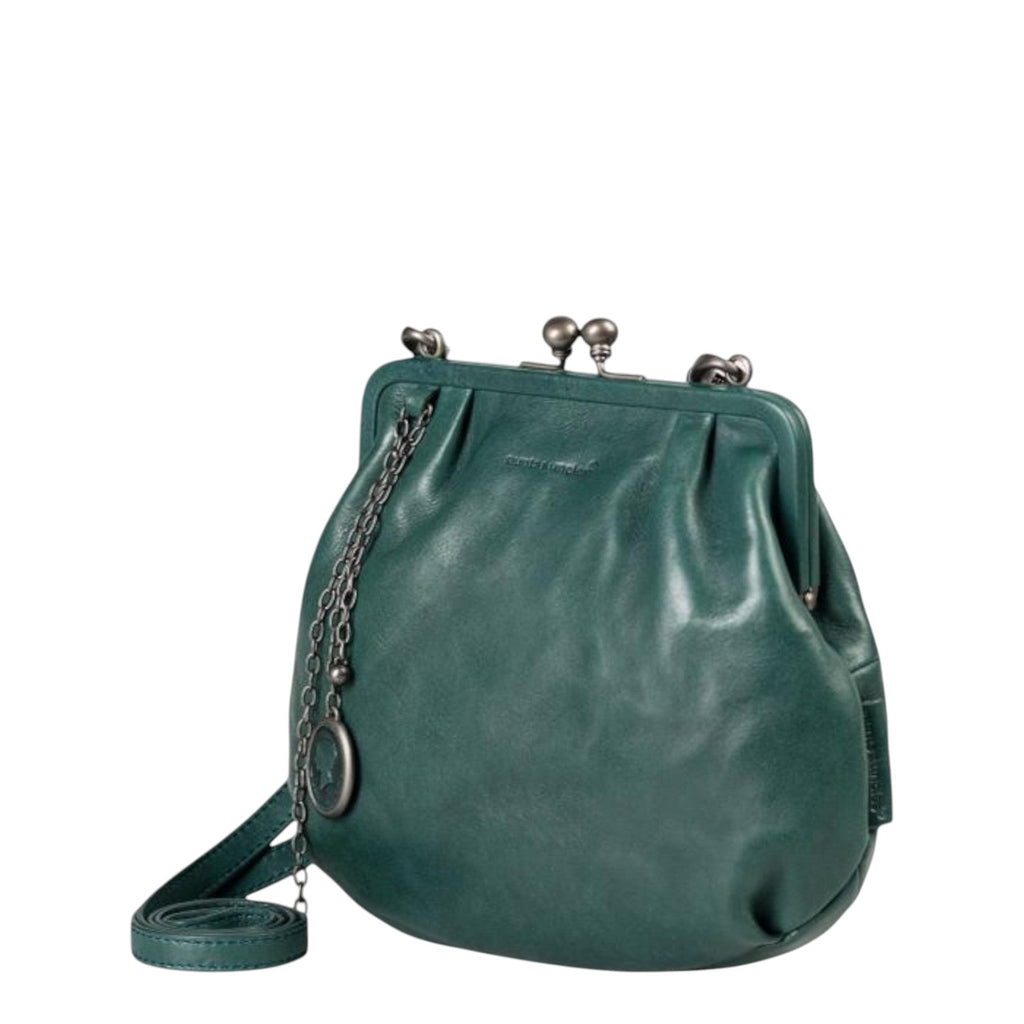 Lieblingstasche Mrs. Fortune Cookie dark green leather handbag with a vintage-style kiss-lock clasp and chain detail.
