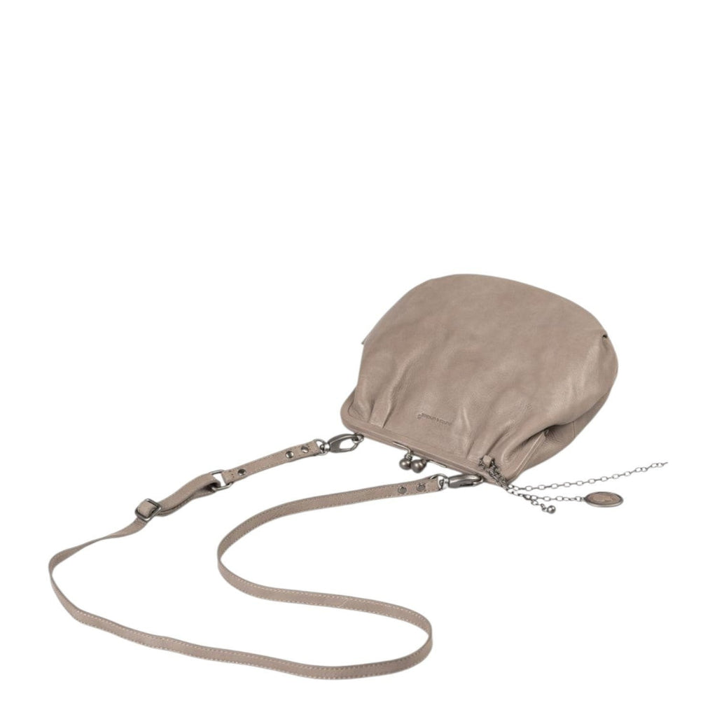 Lieblingstasche Mrs. Fortune Cookie taupe leather crossbody bag with a vintage-style kiss-lock clasp and chain detail