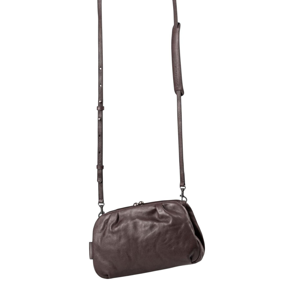 Lieblingstasche Mrs. Frosting dark brown leather crossbody bag with a vintage-style kiss-lock clasp closure.