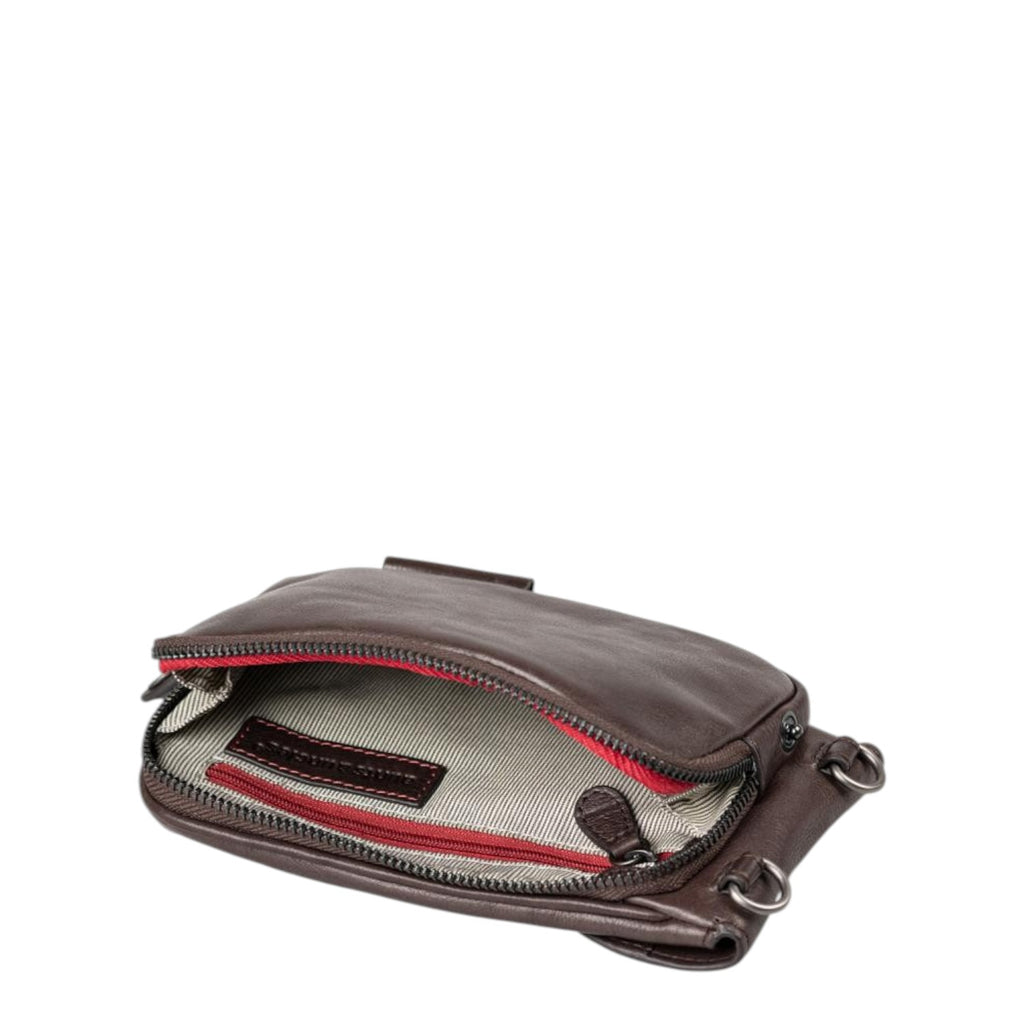 Lieblingstasche Mrs. Lemon Twist dark brown leather crossbody bag with open zipper and red interior lining