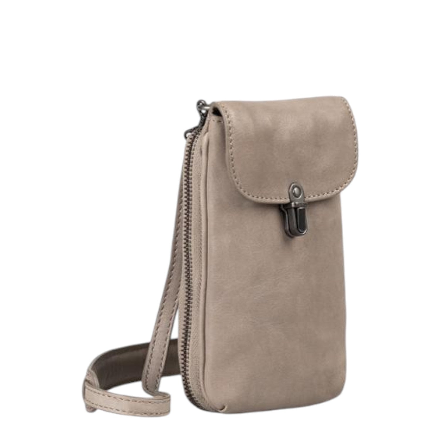 Lieblingstasche Mrs. Lemon Twist taupe leather crossbody phone bag with a flap closure and slim shoulder strap