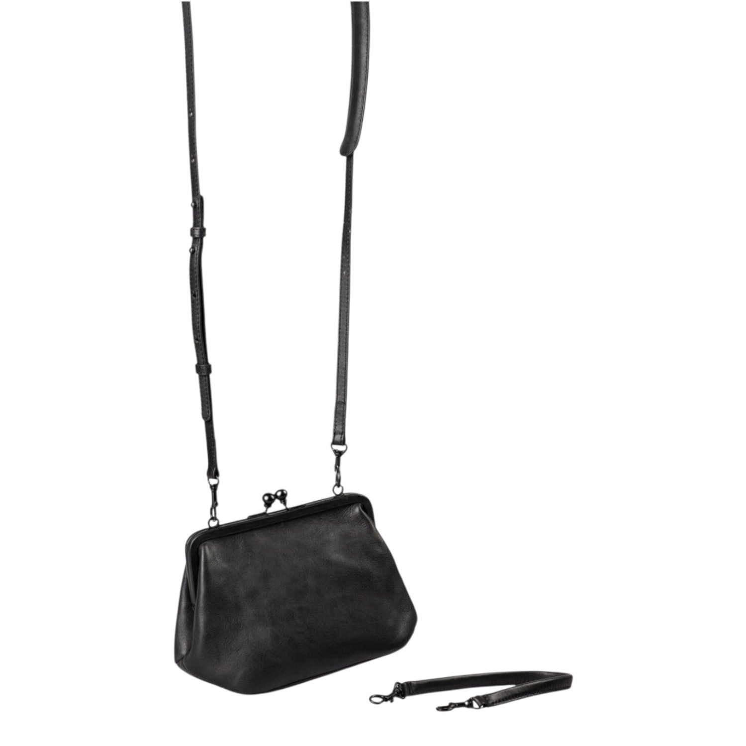 Lieblingstasche Mrs. Pizzelle black leather crossbody bag with a vintage-style kiss-lock clasp and detachable strap.