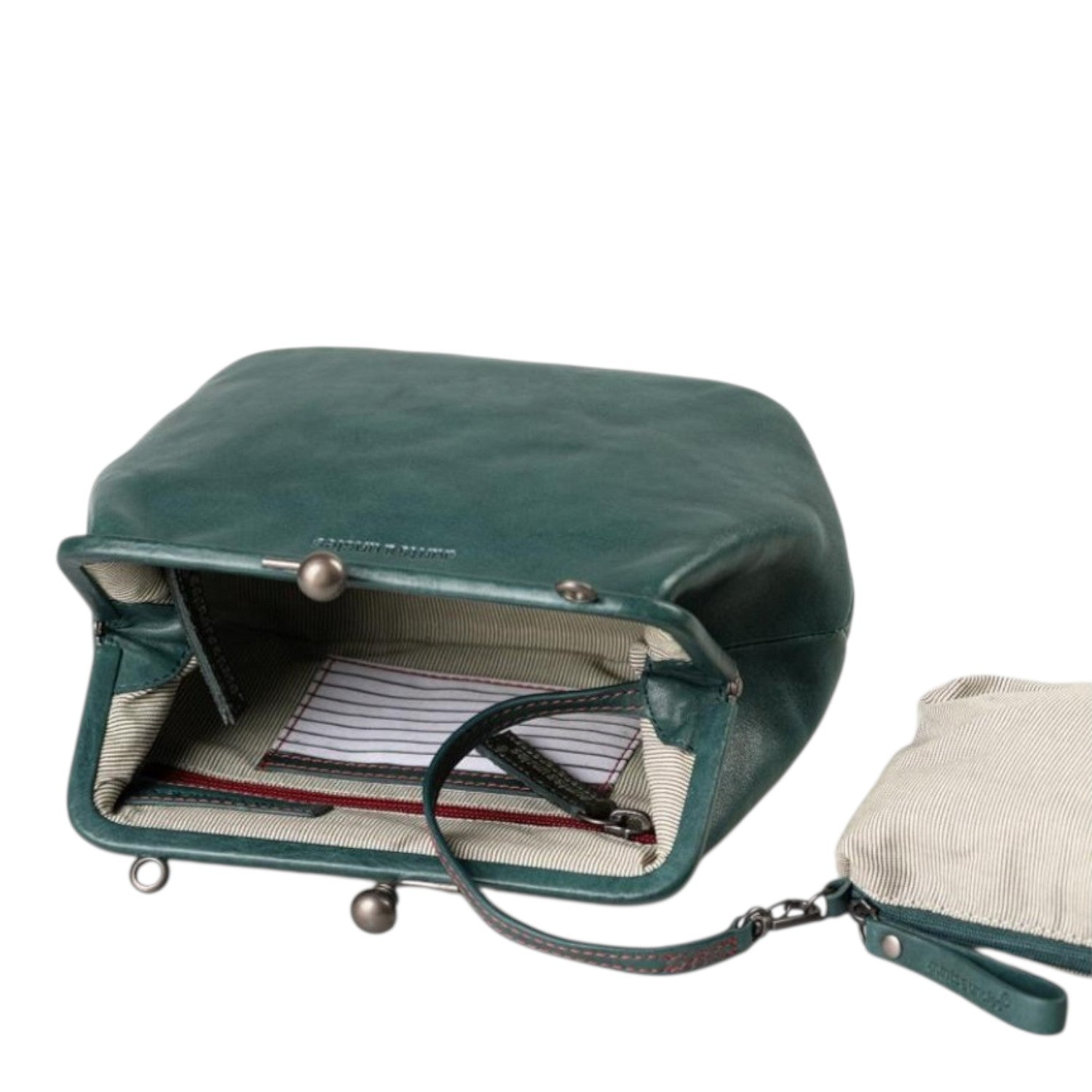 Lieblingstasche Mrs. Pizzelle dark green leather handbag with a vintage-style kiss-lock clasp and striped lining.