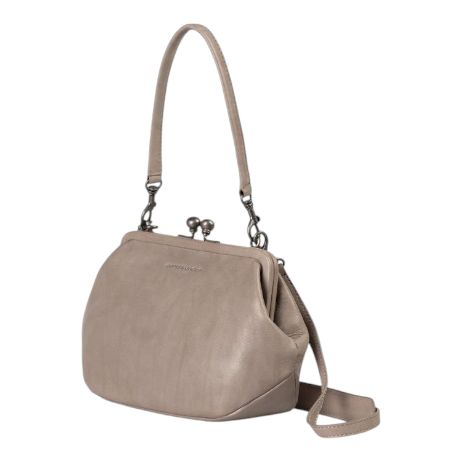 Lieblingstasche Mrs. Pizzelle taupe leather handbag with a vintage-style kiss-lock clasp and detachable strap