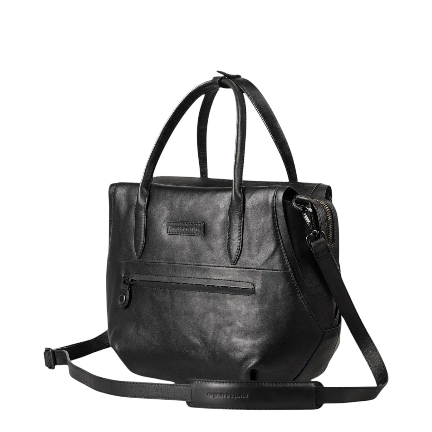 Lieblingstasche Mrs. Profiterole black leather handbag with top handles and a detachable shoulder strap