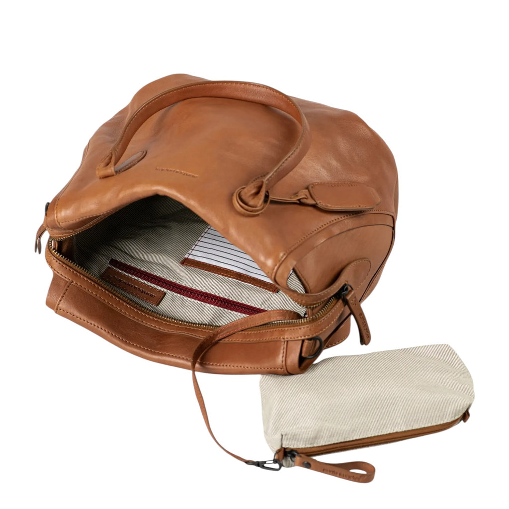 Lieblingstasche Mrs. Profiterole brown leather handbag with open top, fabric lining, and matching small pouch