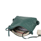 Lieblingstasche Mrs. Raisin Cookie dark green leather crossbody bag with open zipper and striped interior lining