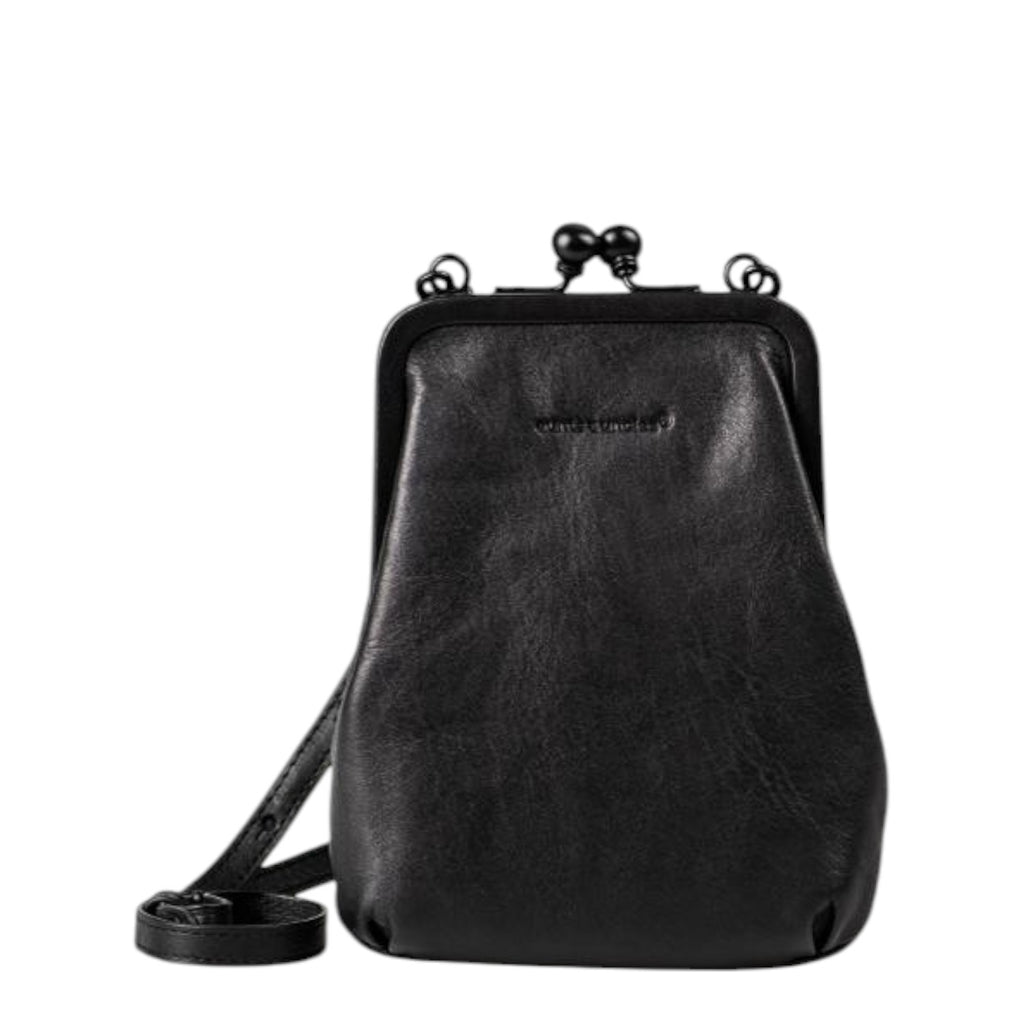 Lieblingstasche aunts & uncles Mrs. Sugar Pop black leather vintage style clutch with clip closure and shoulder strap