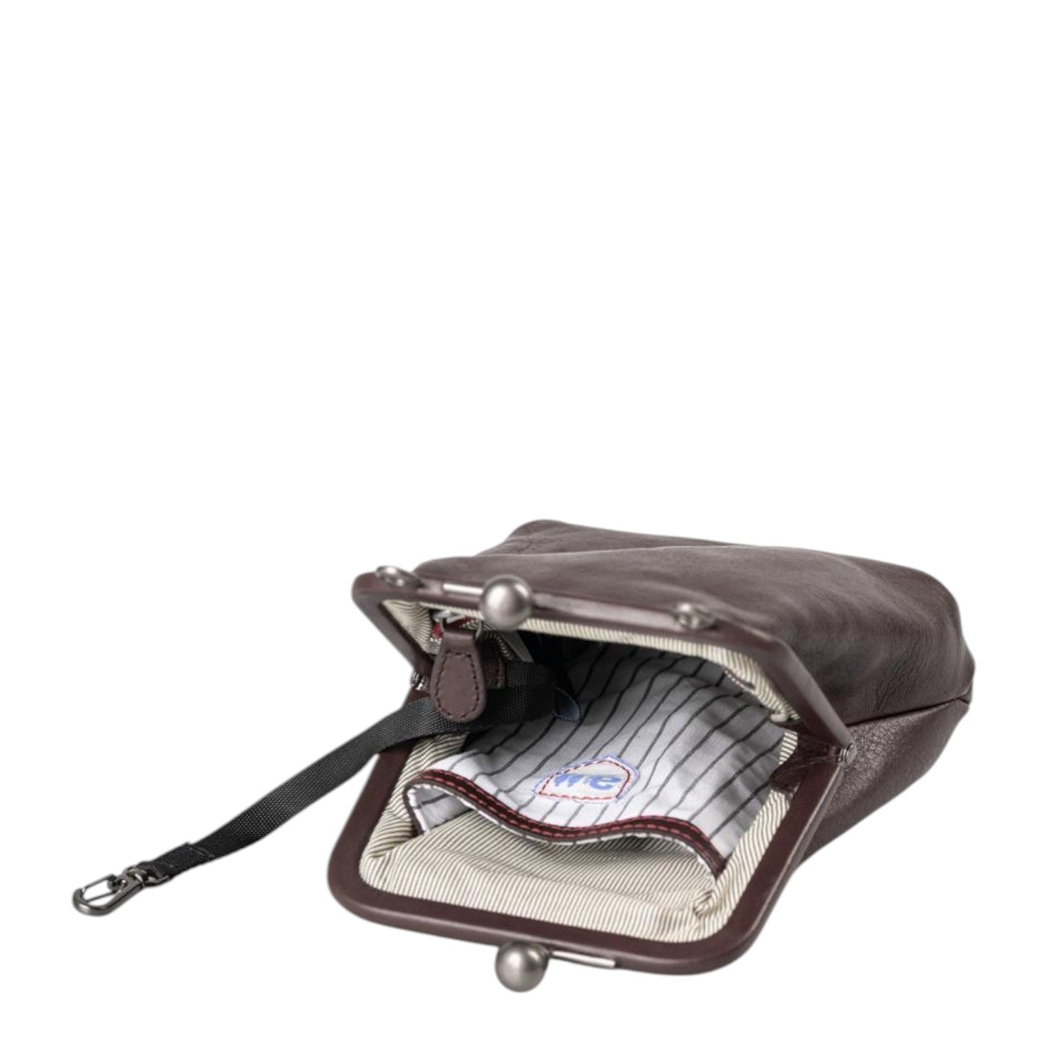 Lieblingstasche Mrs. Sugar Pop dark brown leather crossbody bag with a vintage-style metal clasp and striped lining