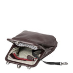 Lieblingstasche Mrs. Sugar Pop dark brown leather pouch with a metal kiss-lock clasp and striped interior lining.
