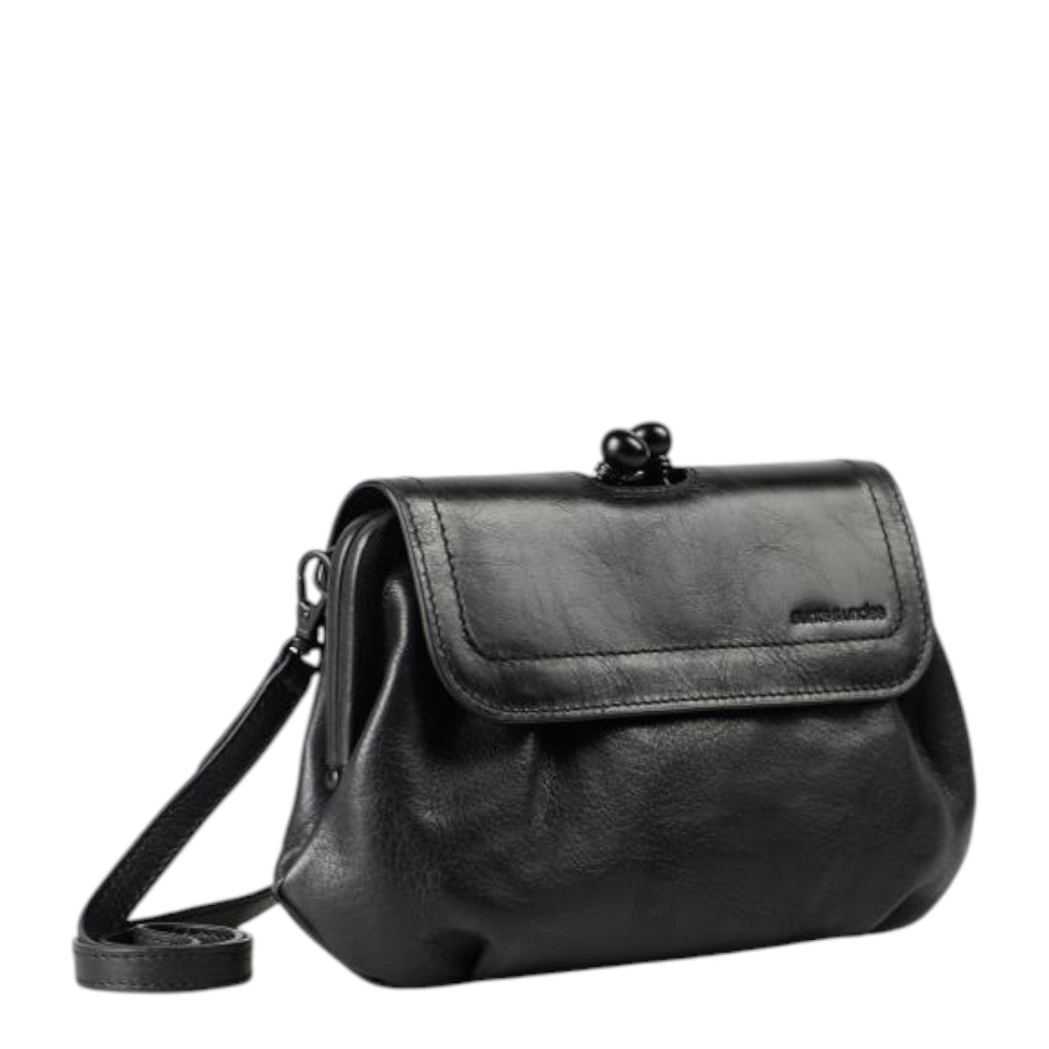Lieblingstasche Mrs. Whoopie Pie black leather crossbody bag with a vintage-style kiss-lock clasp closure.