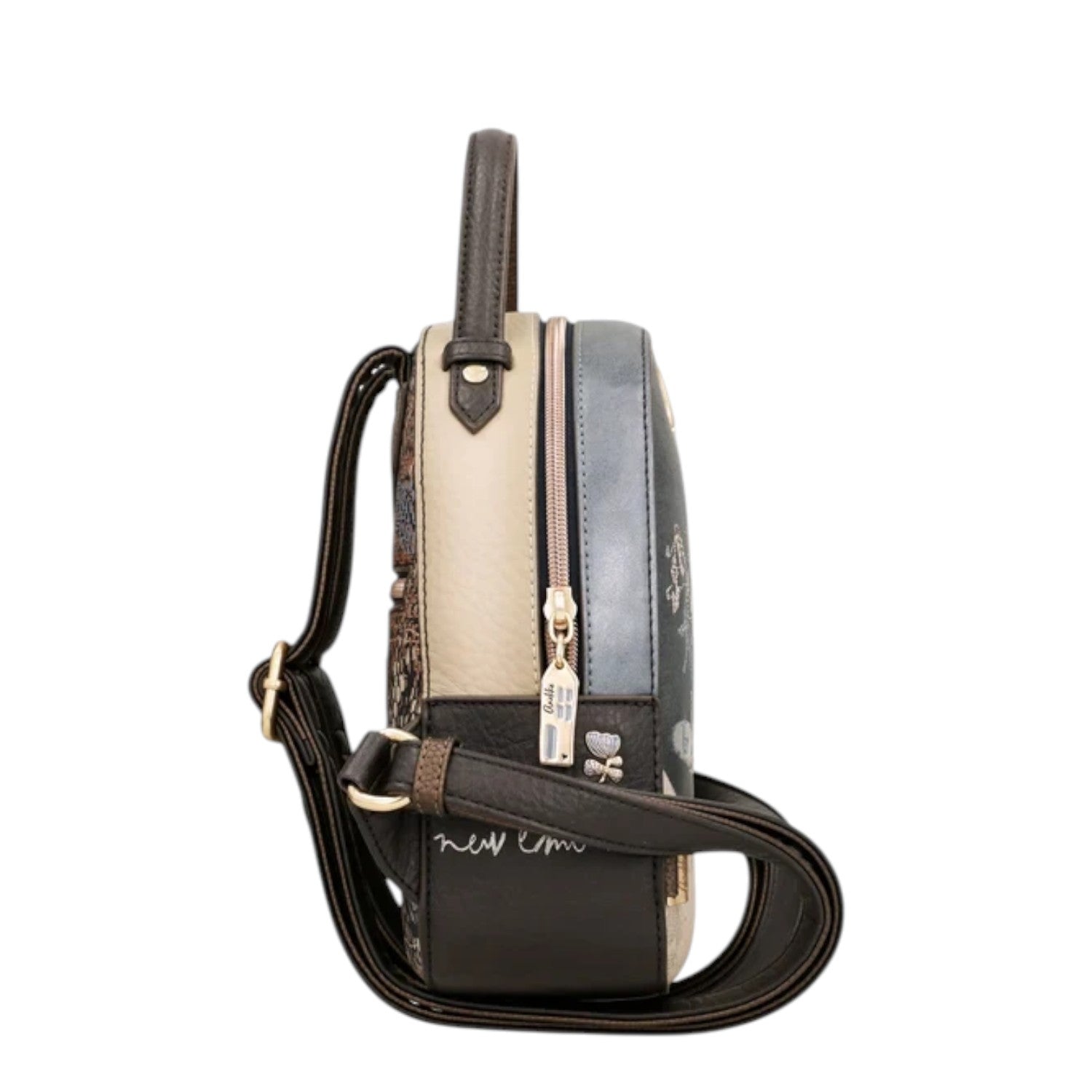 Lieblingstasche multi-coloured synthetic leather backpack with side view showing zipper detail and adjustable straps