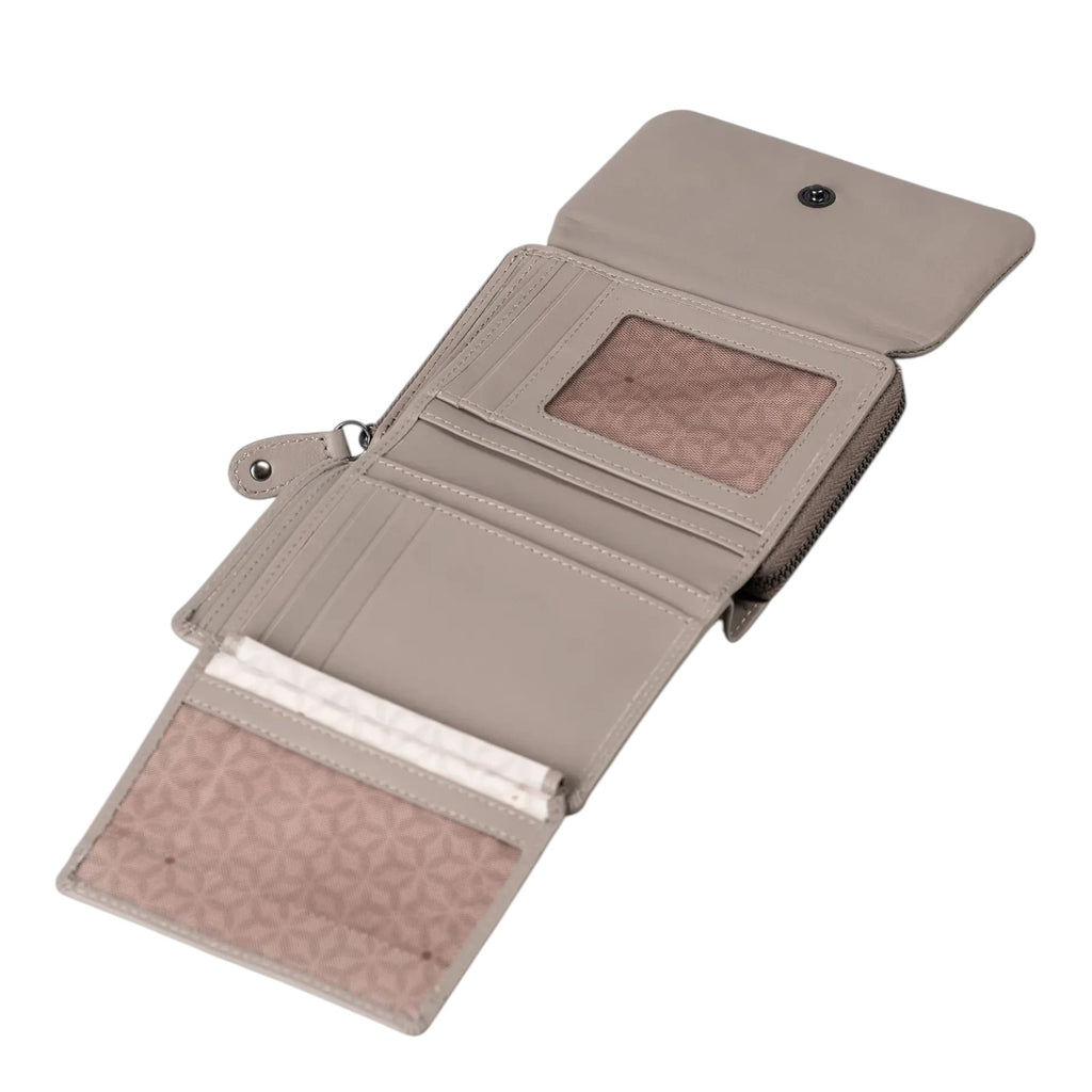 Lieblingstasche Myrtle wallet in taupe faux leather with multiple card slots, ID window, and patterned interior lining.