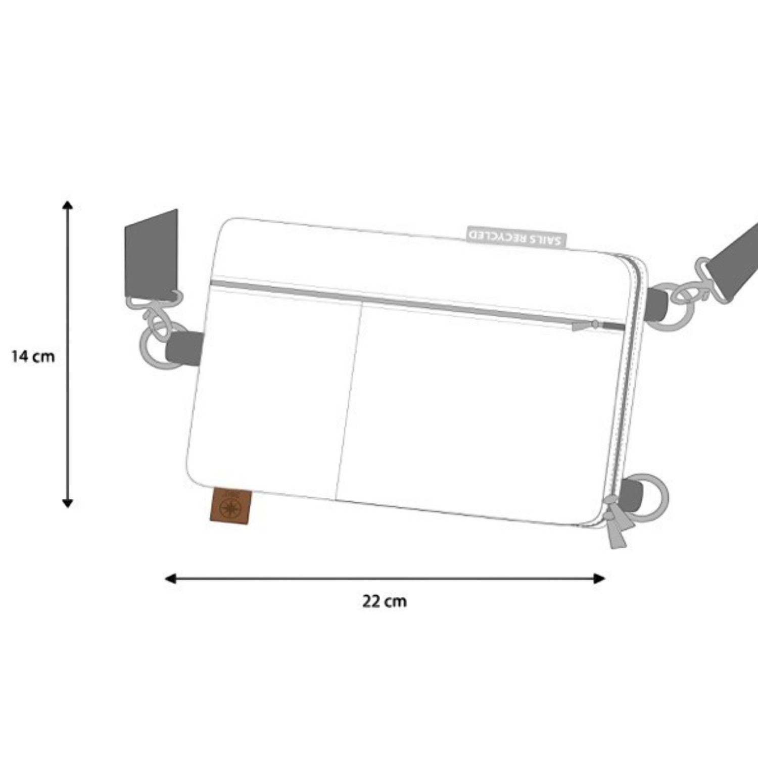 Lieblingstasche Nautik white recycled sail cloth crossbody bag with zipper closure and dimensions shown