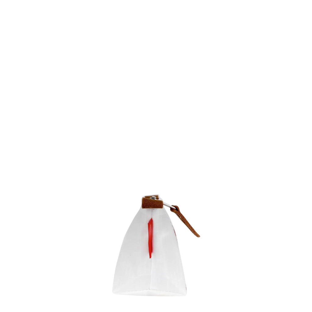 Lieblingstasche Navigator white pouch with brown leather zipper pull and red side tab, side profile view