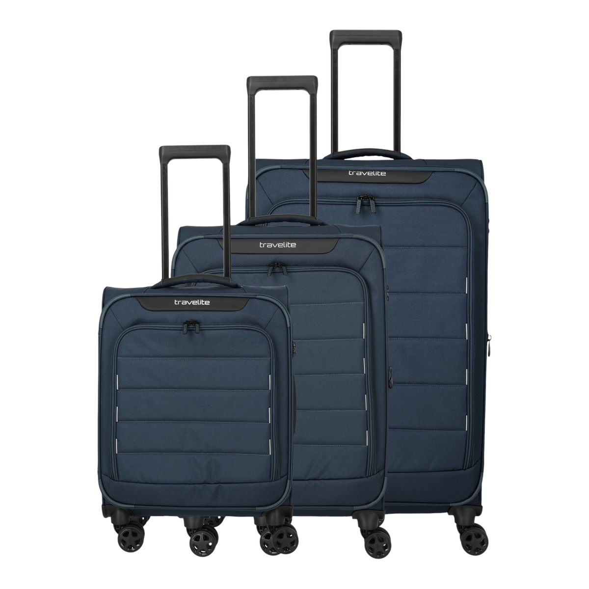 Lieblingstasche set of three navy blue Travelite Skaii expandable 4-wheel softside suitcases with telescopic handles