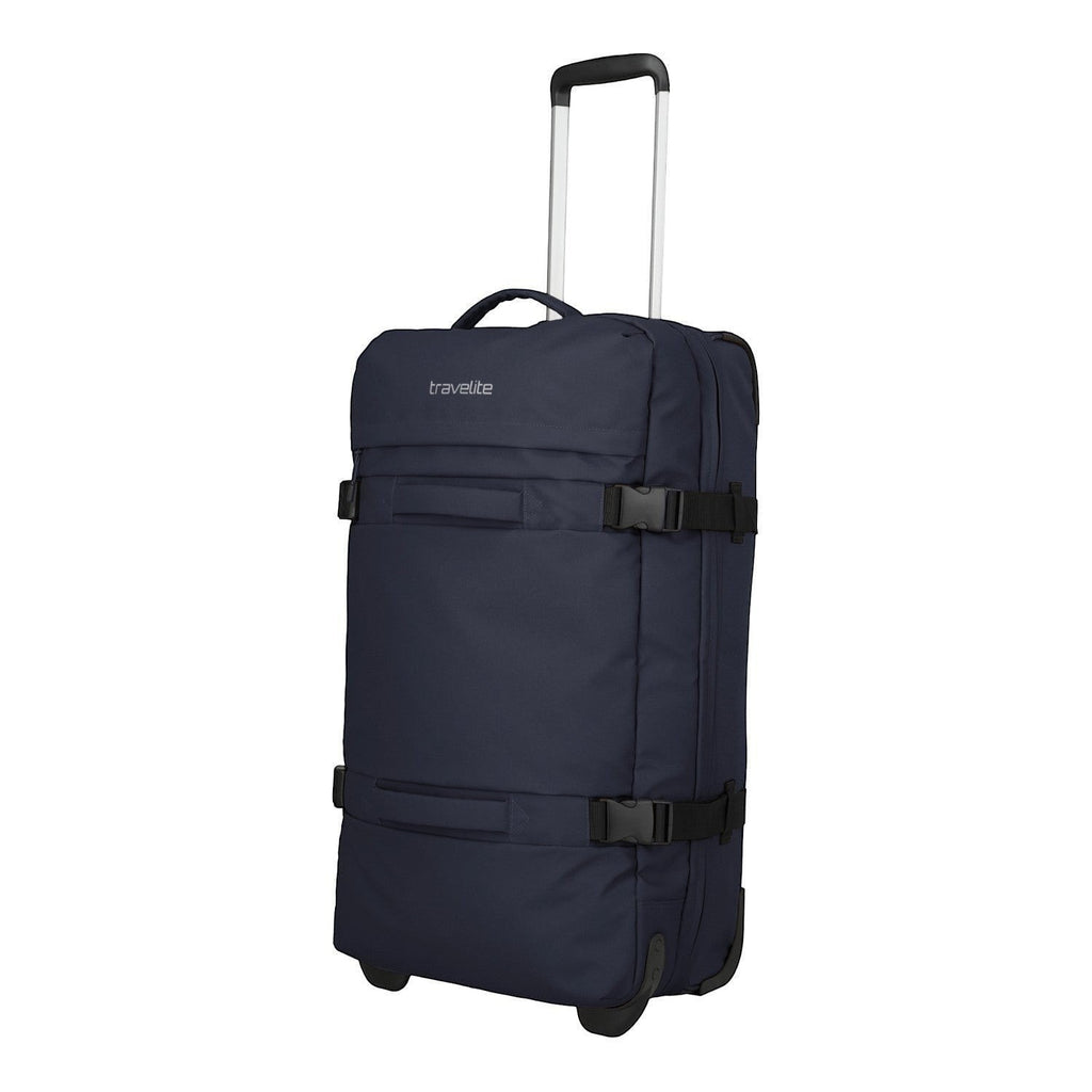 Lieblingstasche navy blue large travel bag with wheels and telescopic handle, featuring compression straps.