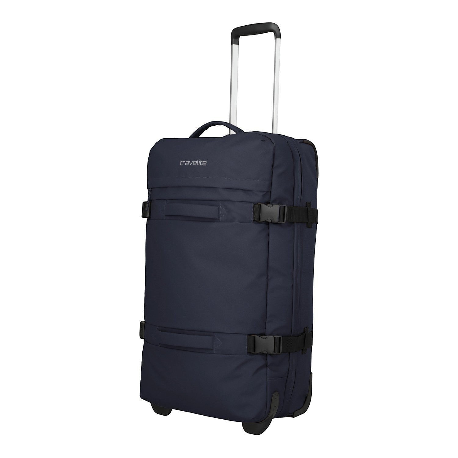 Lieblingstasche navy blue large travel bag with wheels and telescopic handle, featuring compression straps.