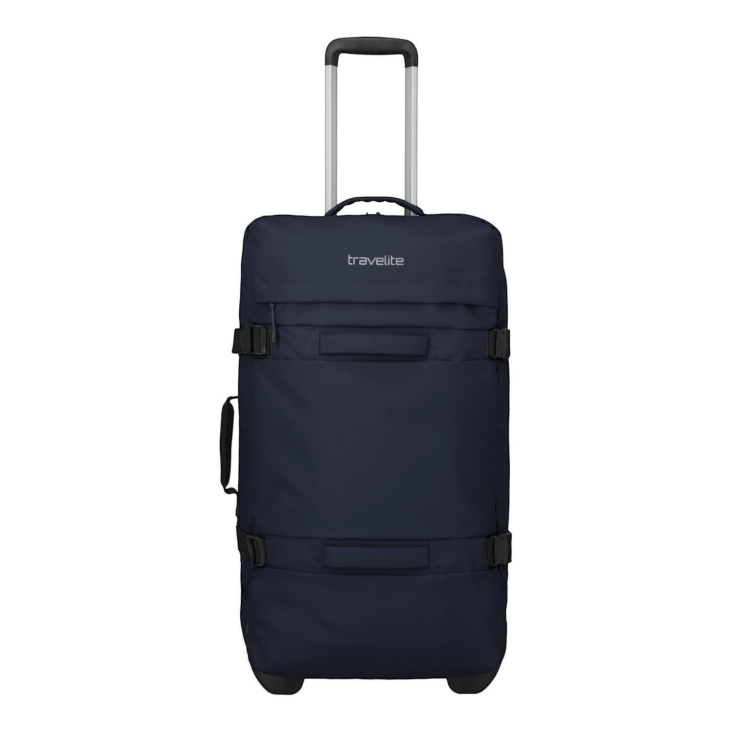 Lieblingstasche navy blue large travel bag with wheels and telescopic handle, front zip pocket and compression straps.