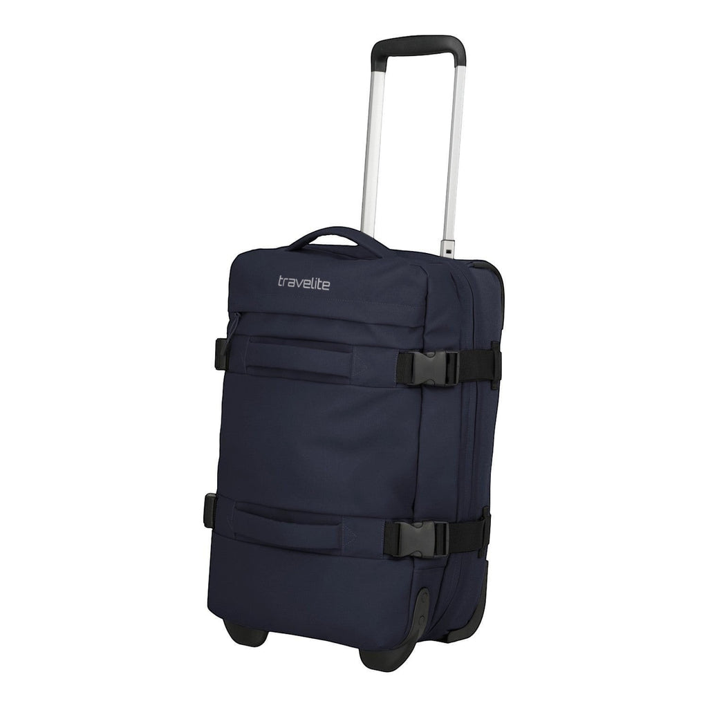 Lieblingstasche navy blue fabric rolling travel bag with telescopic handle and compression straps.