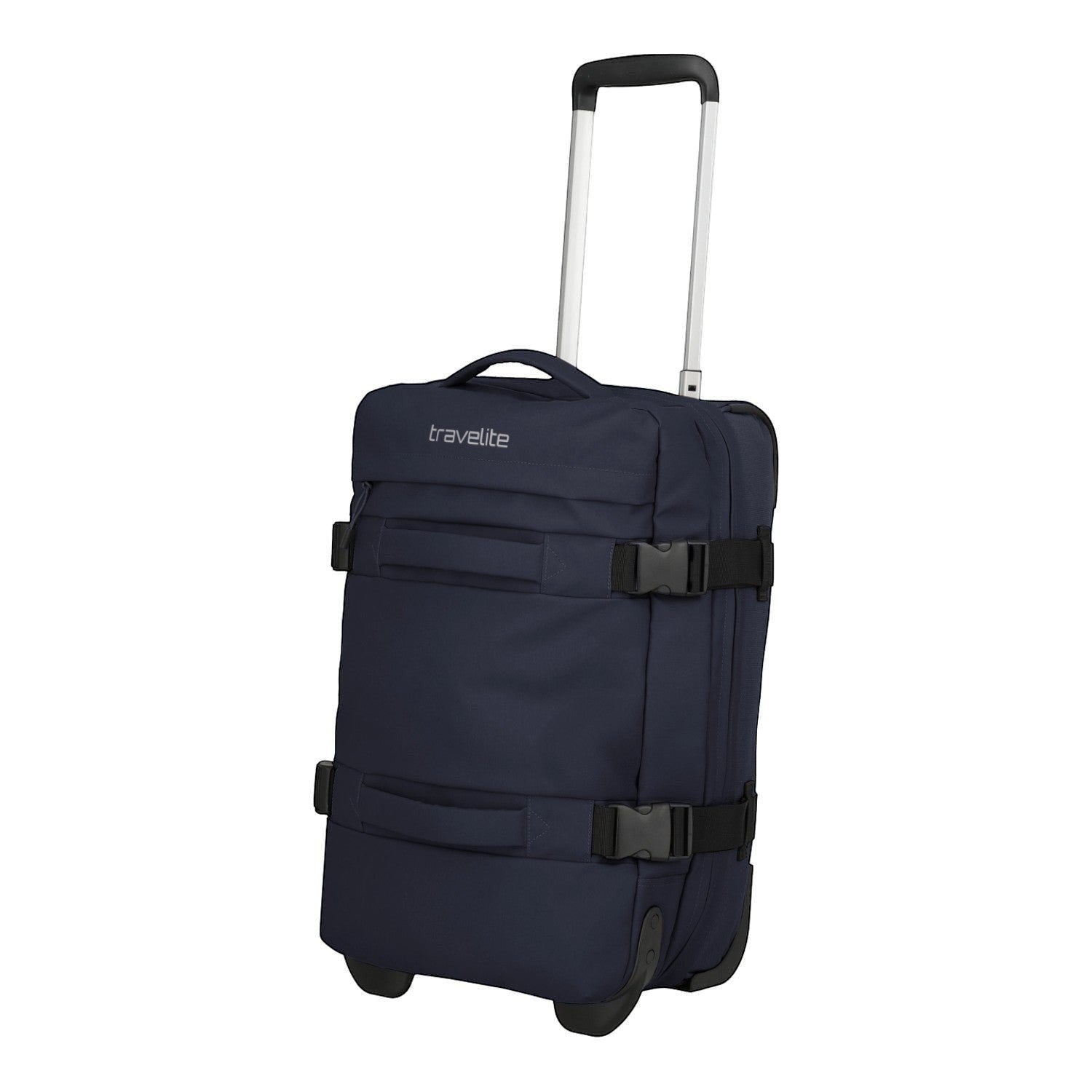 Lieblingstasche navy blue fabric rolling travel bag with telescopic handle and compression straps.