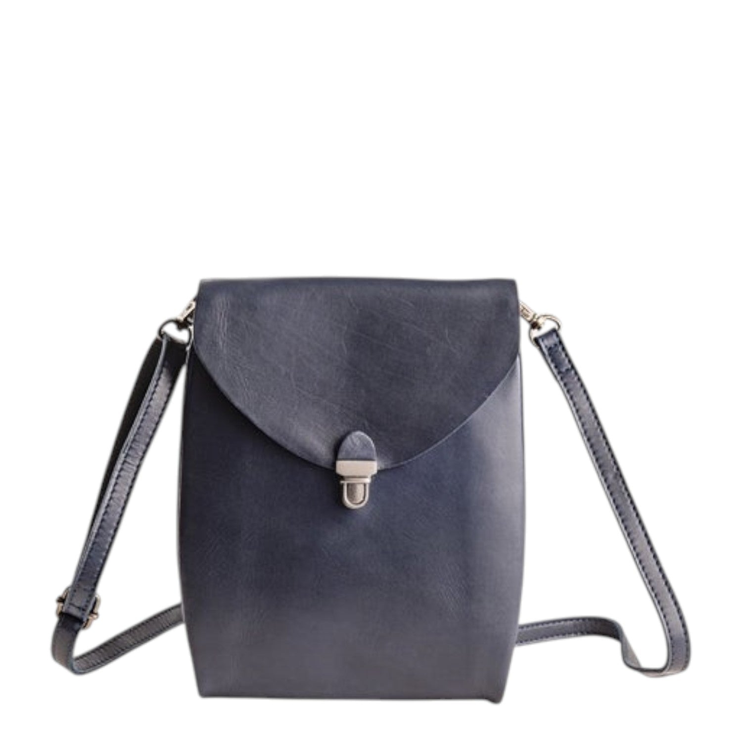 Lieblingstasche navy blue leather fold-over flap crossbody bag with silver clasp closure.