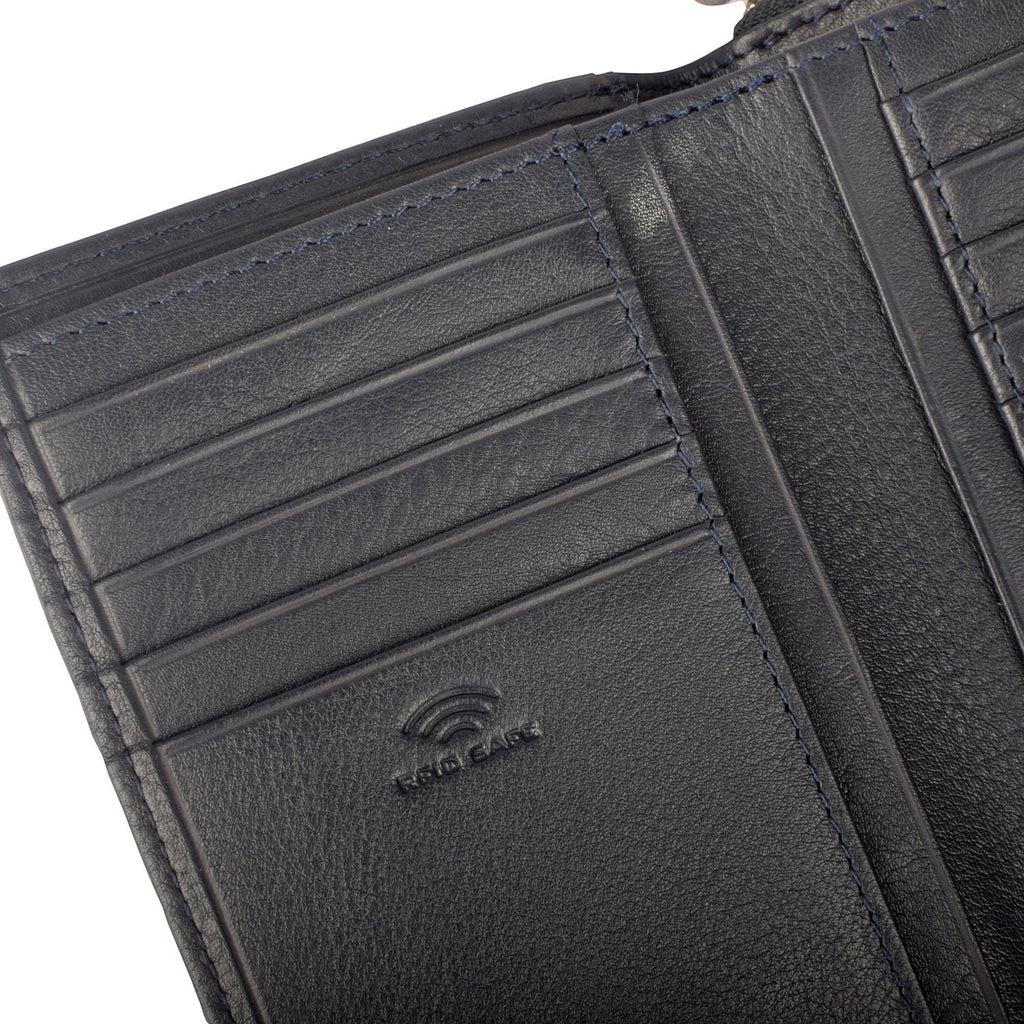 Lieblingstasche navy blue leather bifold wallet with RFID safe technology and multiple card slots.