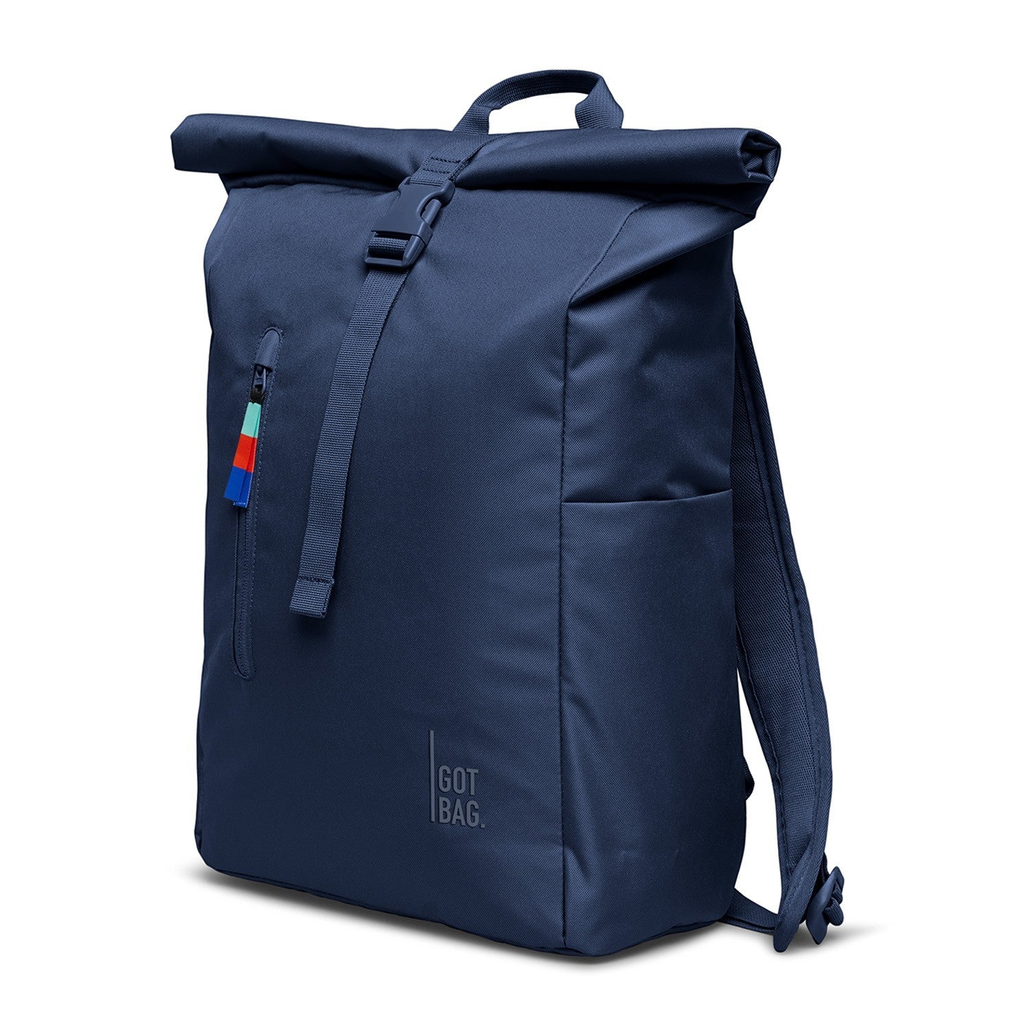 Lieblingstasche navy blue rolltop backpack with buckle closure and colorful zipper pull.