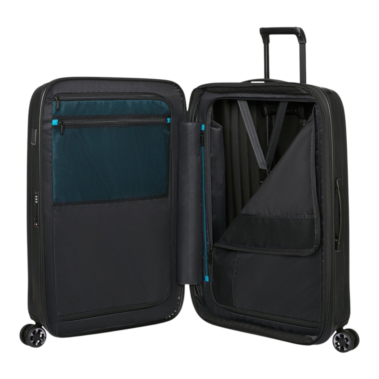 Lieblingstasche NEXIS Spinner 76/28 Exp black suitcase open with interior mesh pockets and compression straps