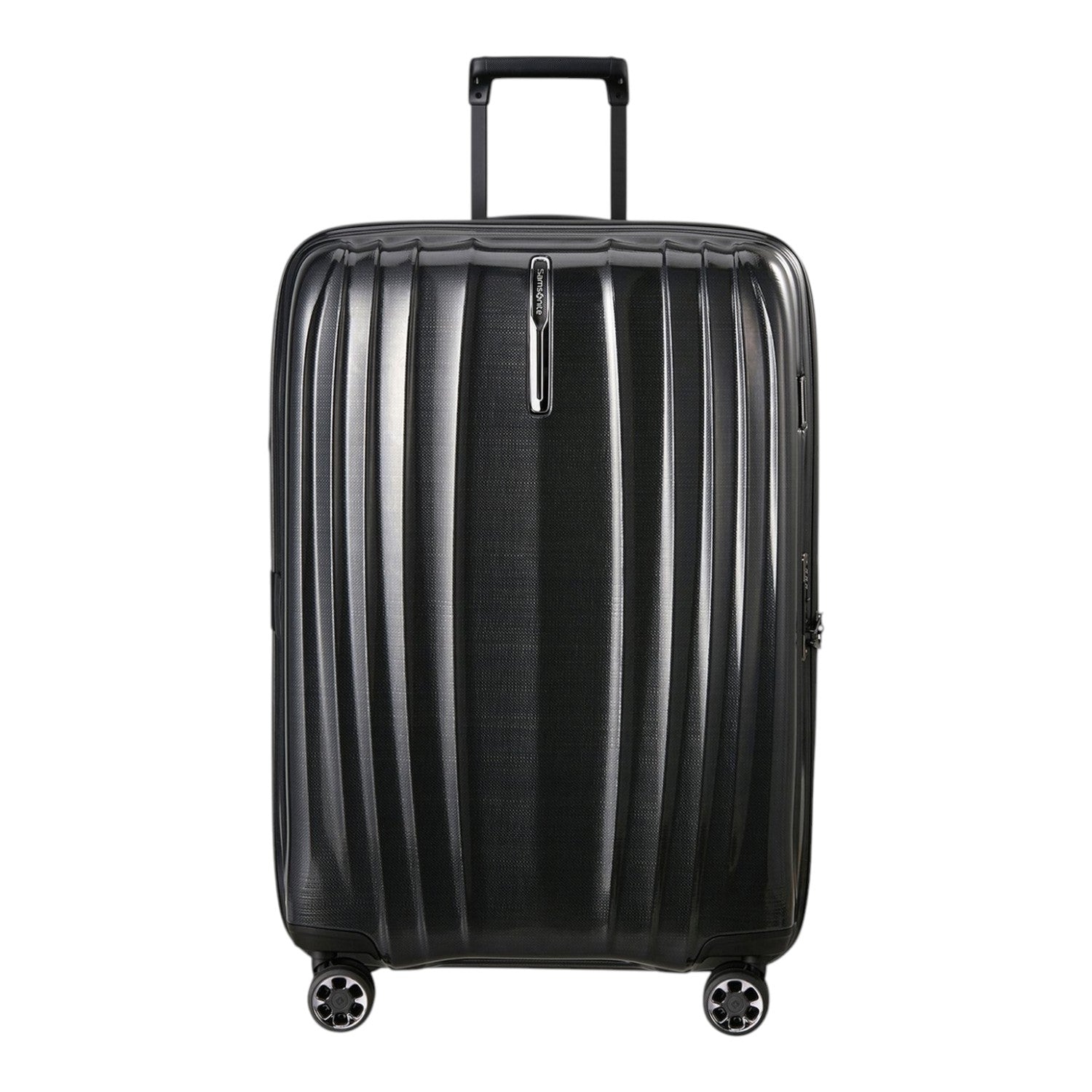 Lieblingstasche NEXIS Spinner 76/28 Exp black hard-shell suitcase with vertical ridges and telescopic handle