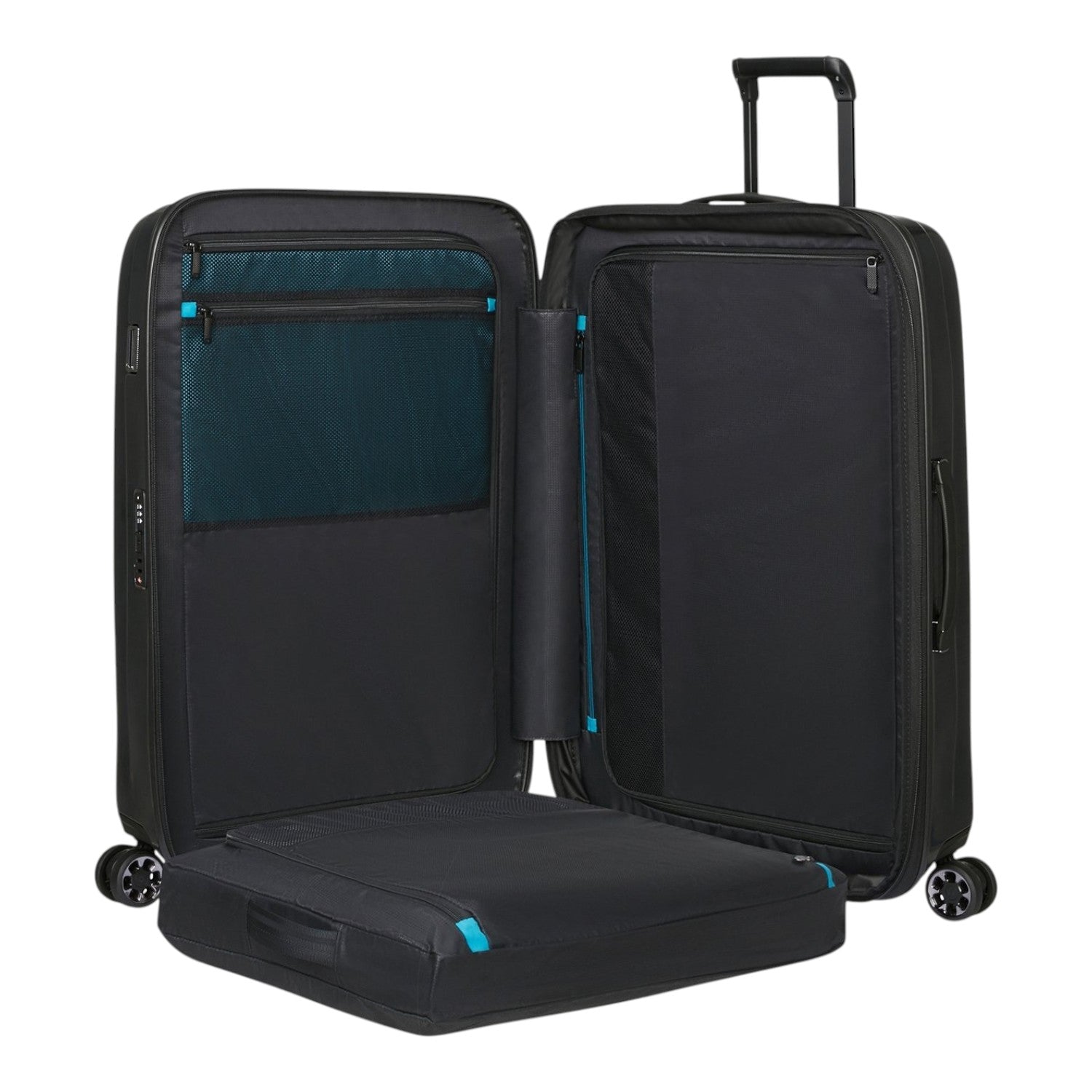 Lieblingstasche NEXIS Spinner 70/26 Exp black suitcase with open interior, mesh pockets, and blue accents.