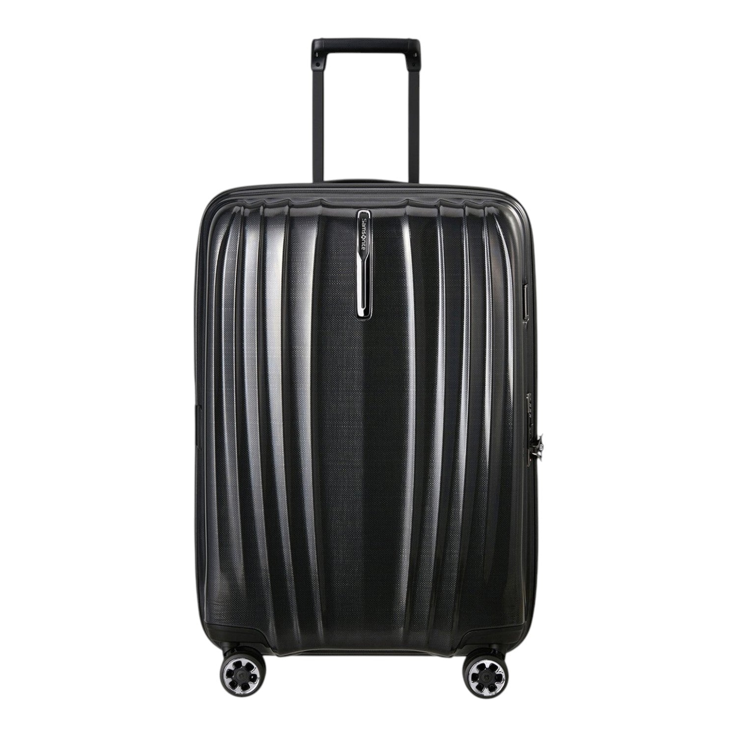 Lieblingstasche NEXIS Spinner 70/26 Exp black hard shell suitcase with vertical grooves and four spinner wheels