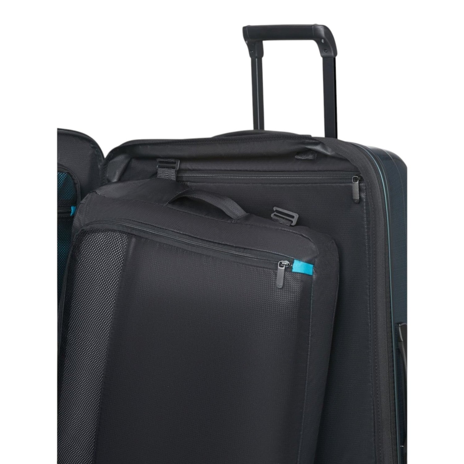 Lieblingstasche NEXIS Spinner 76/28 Exp suitcase interior with black mesh packing divider and telescopic handle