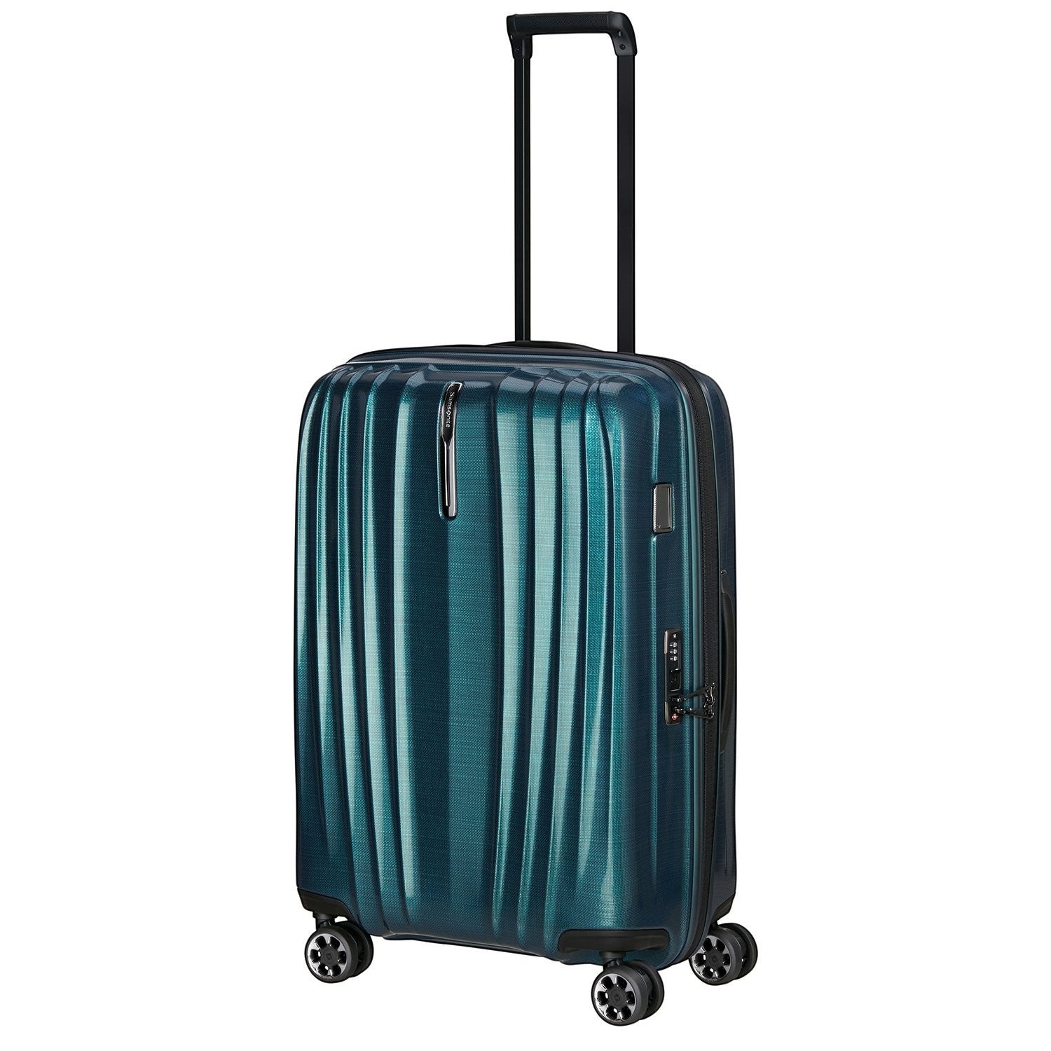 Lieblingstasche NEXIS Spinner 70/26 Exp suitcase in metallic teal with a hard shell, telescopic handle, and 4 wheels.