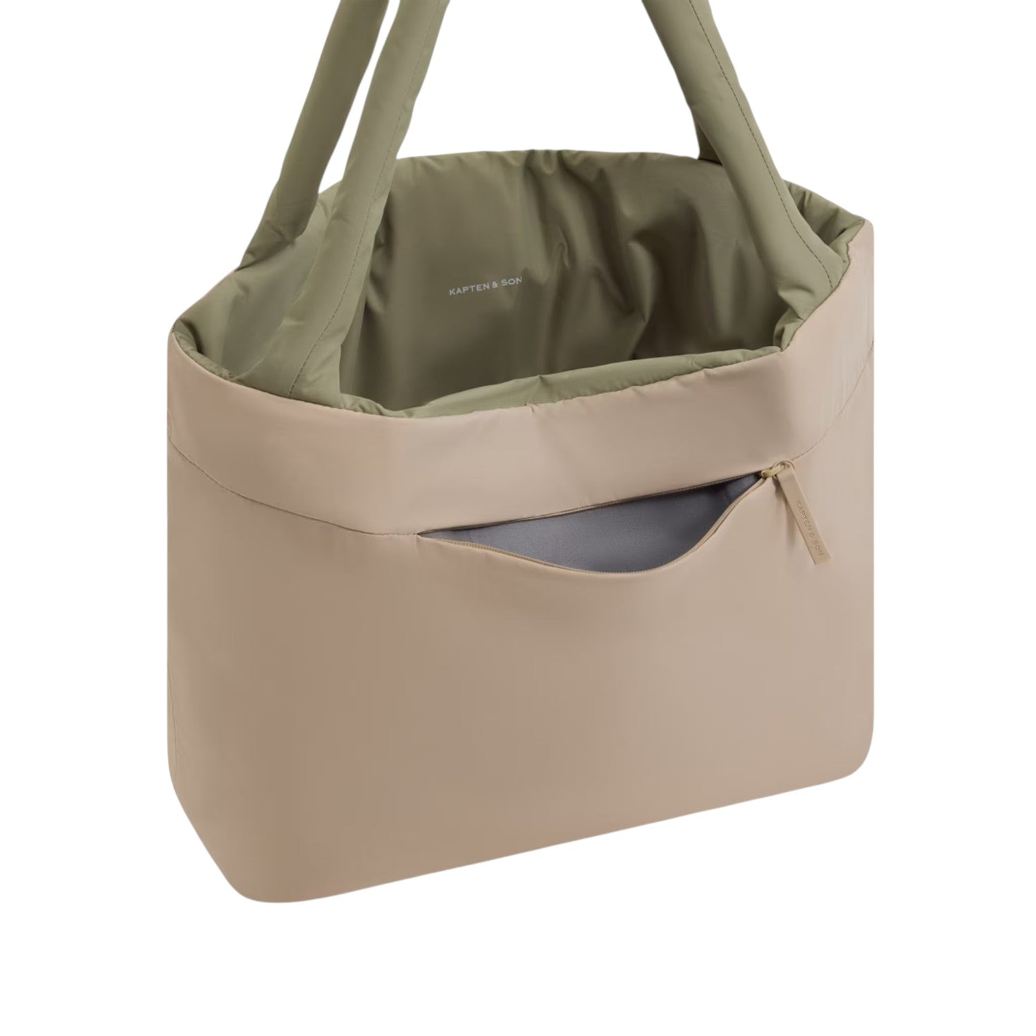 Lieblingstasche Norva 2in1 shopper bag in beige and olive green with a front zip pocket and long shoulder straps