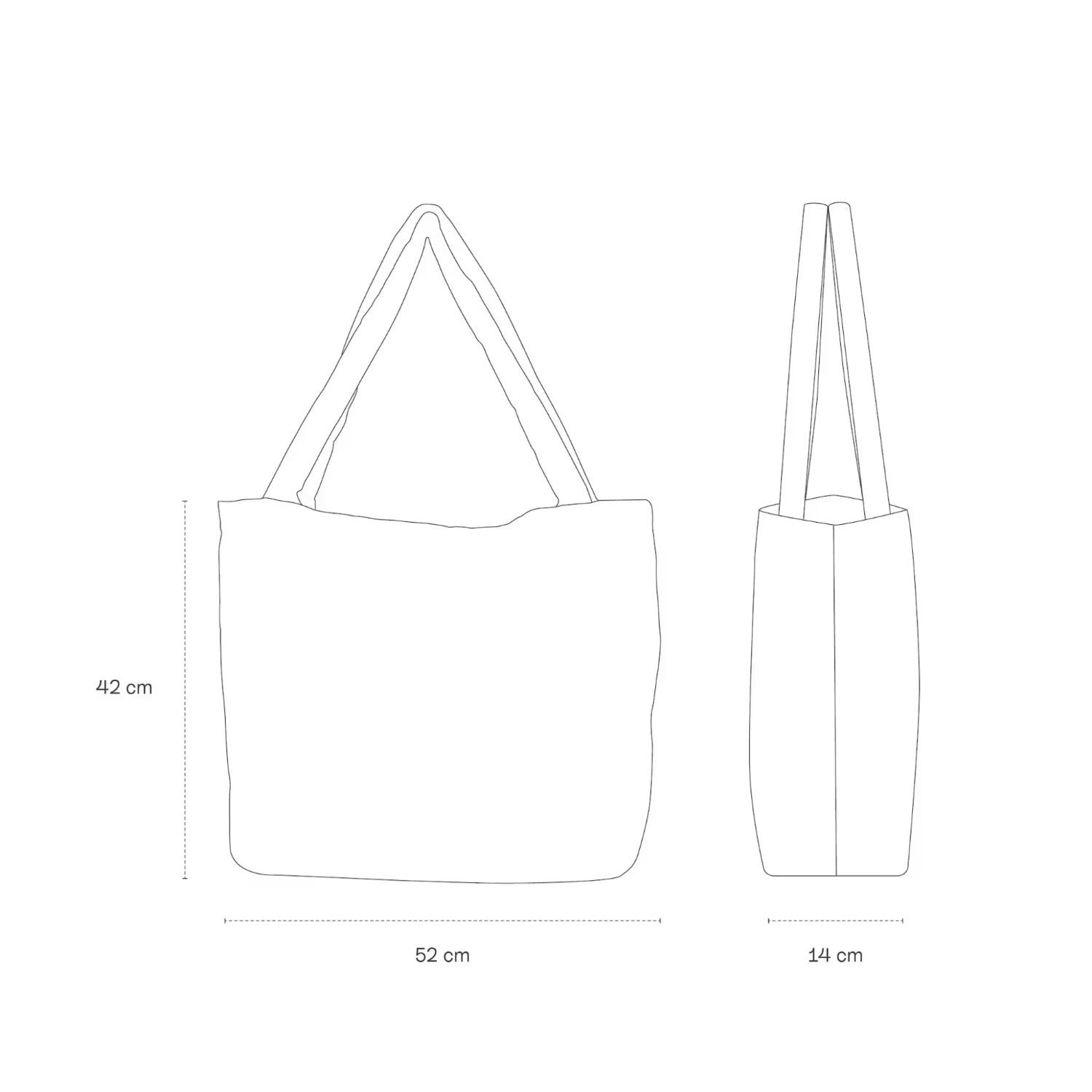 Lieblingstasche Norva 2in1 shopper bag technical line drawing with dimensions showing front and side profile views