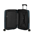 Lieblingstasche NUON Spinner 55/20 Exp carry-on suitcase in dark blue with open interior and packing straps