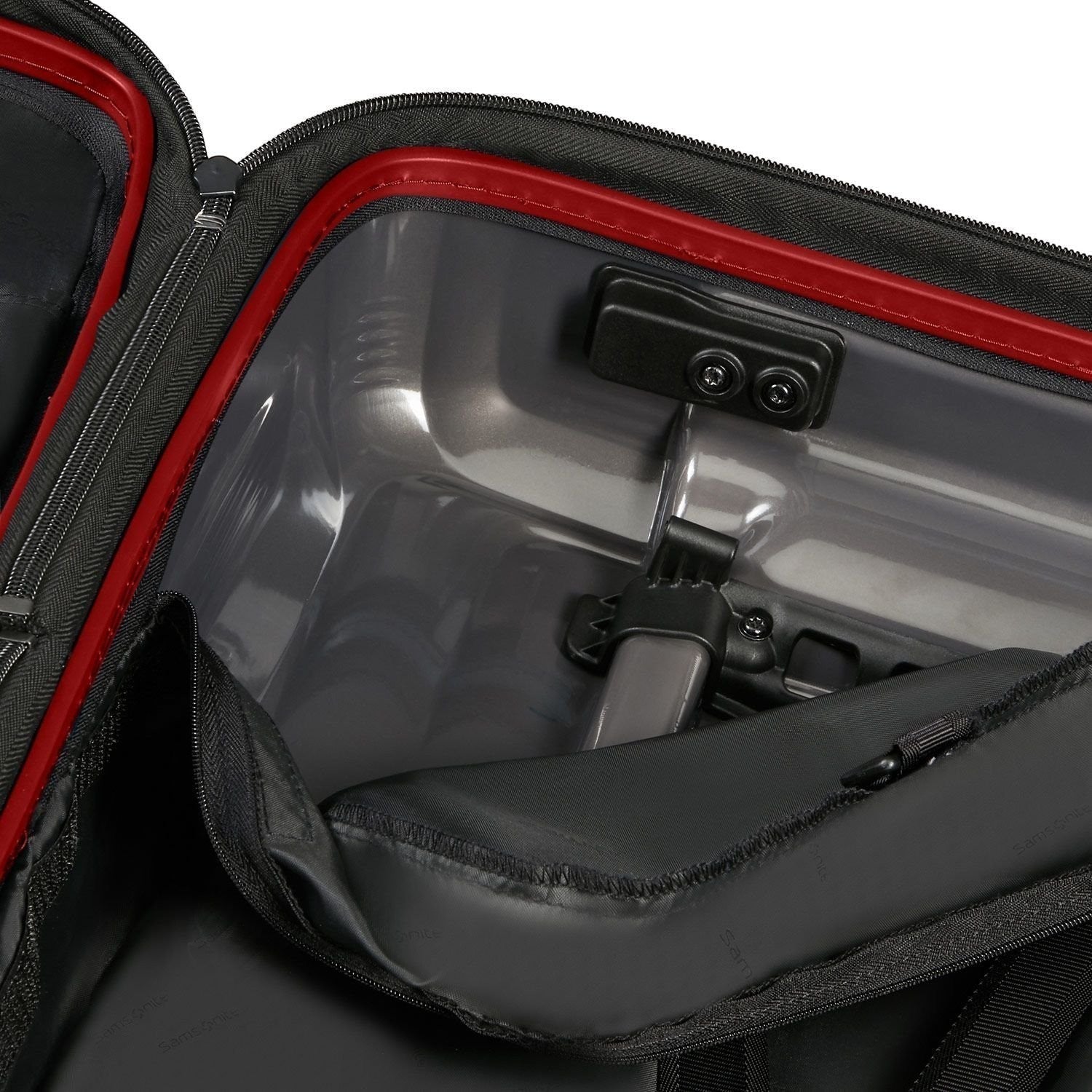 Lieblingstasche NUON Spinner 55/20 Exp interior view showing black hard shell casing with red trim and zipper detail