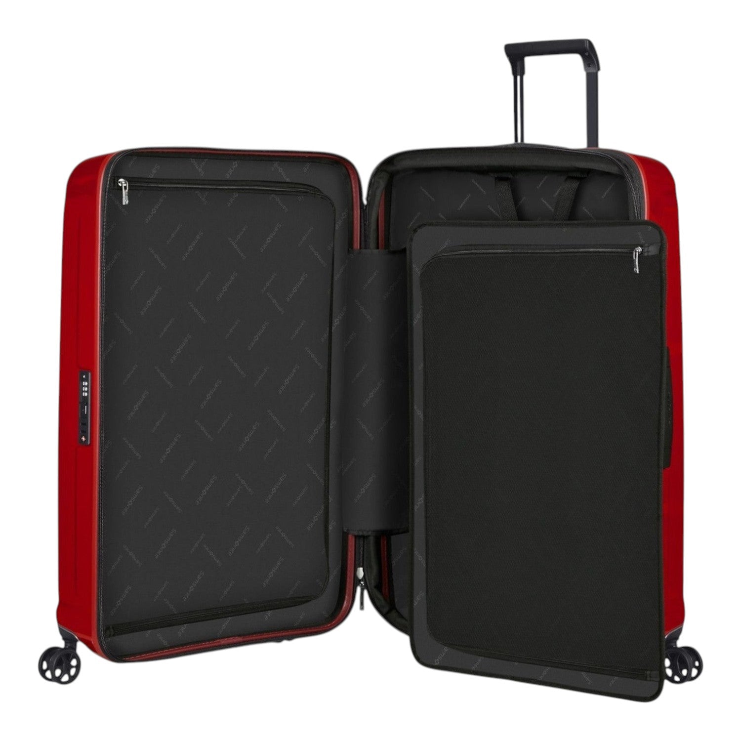Lieblingstasche NUON Spinner 69/25 red hard shell suitcase with open interior featuring zippered dividers