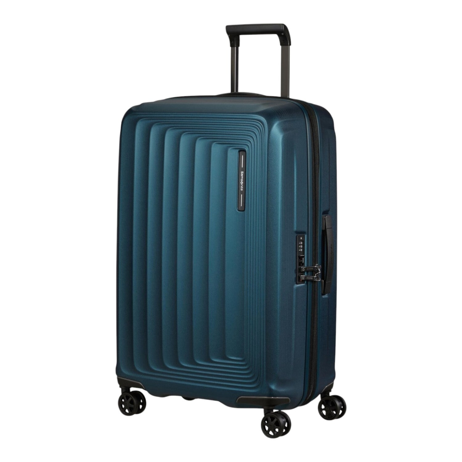 Lieblingstasche NUON Spinner 69/25 expandable suitcase in dark teal with a hard shell and four spinner wheels.