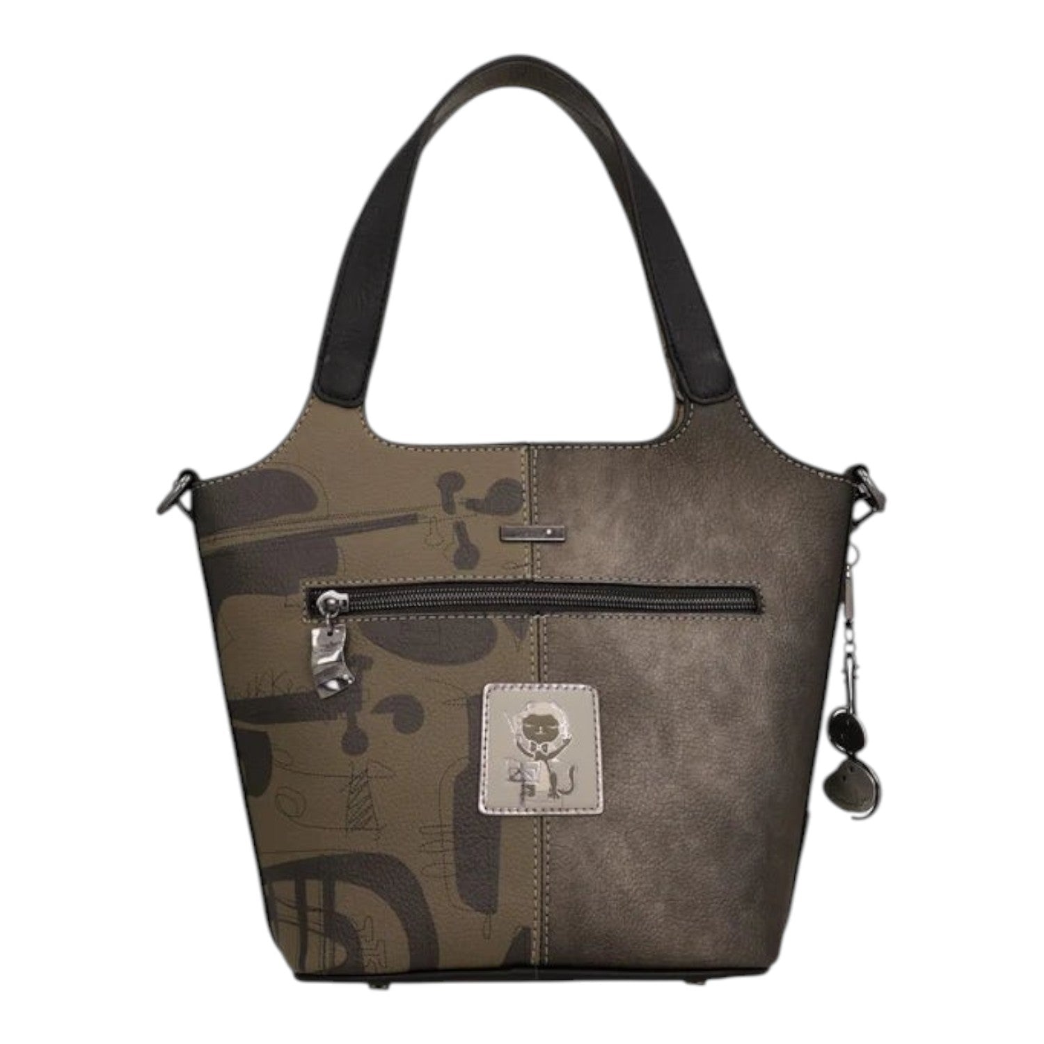 Lieblingstasche short handle bag in olive and bronze with abstract musical instrument print and metal charm
