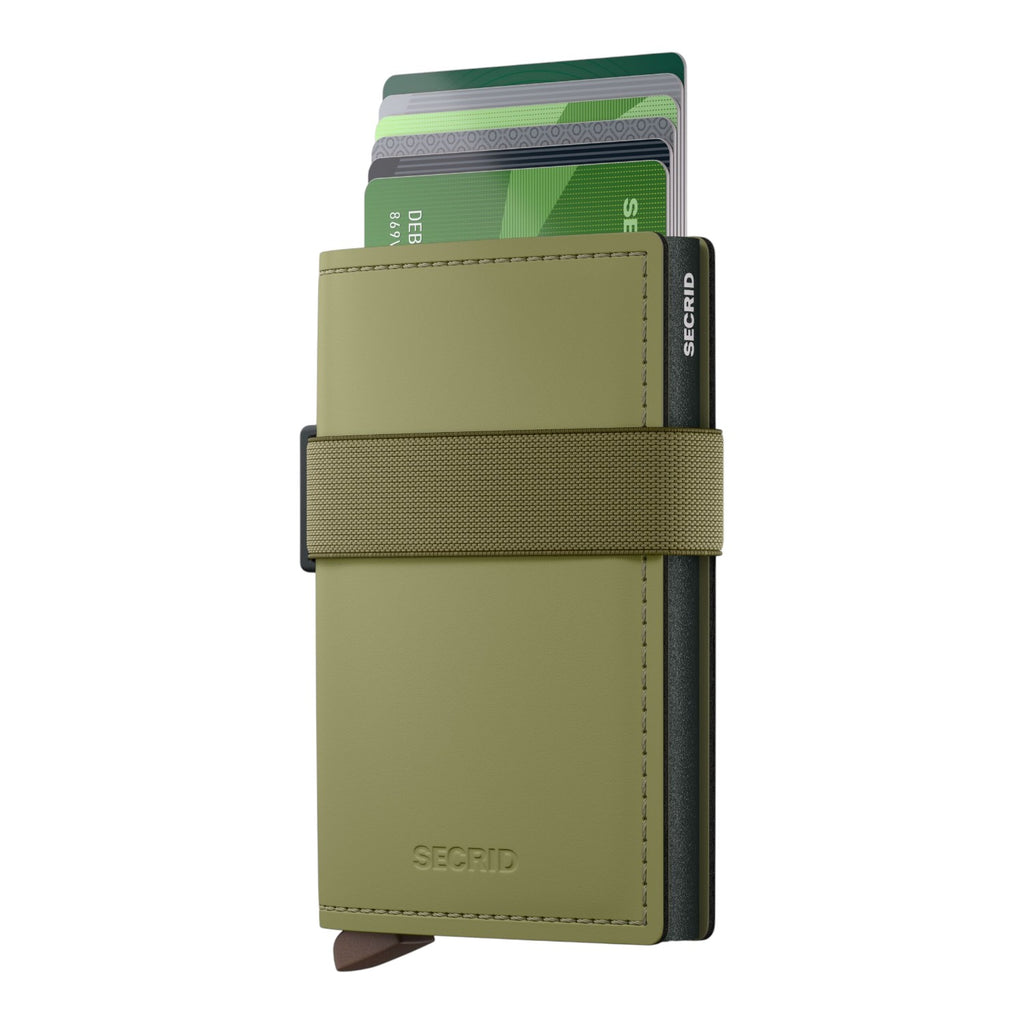 Lieblingstasche Bandwallet Matte in olive green with elastic strap and card holder mechanism
